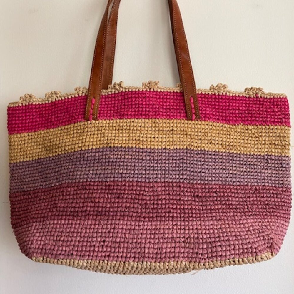MAR Y SOL Allegra Raffia Woven Large Tote Bag Pink Purple Stripe - Picture 6 of 15